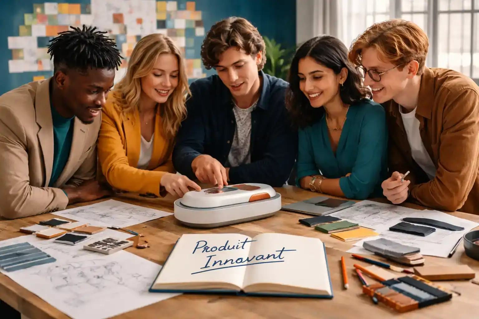 Produit innovant équipe examine prototype