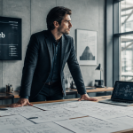 architecte web devant plans et laptops