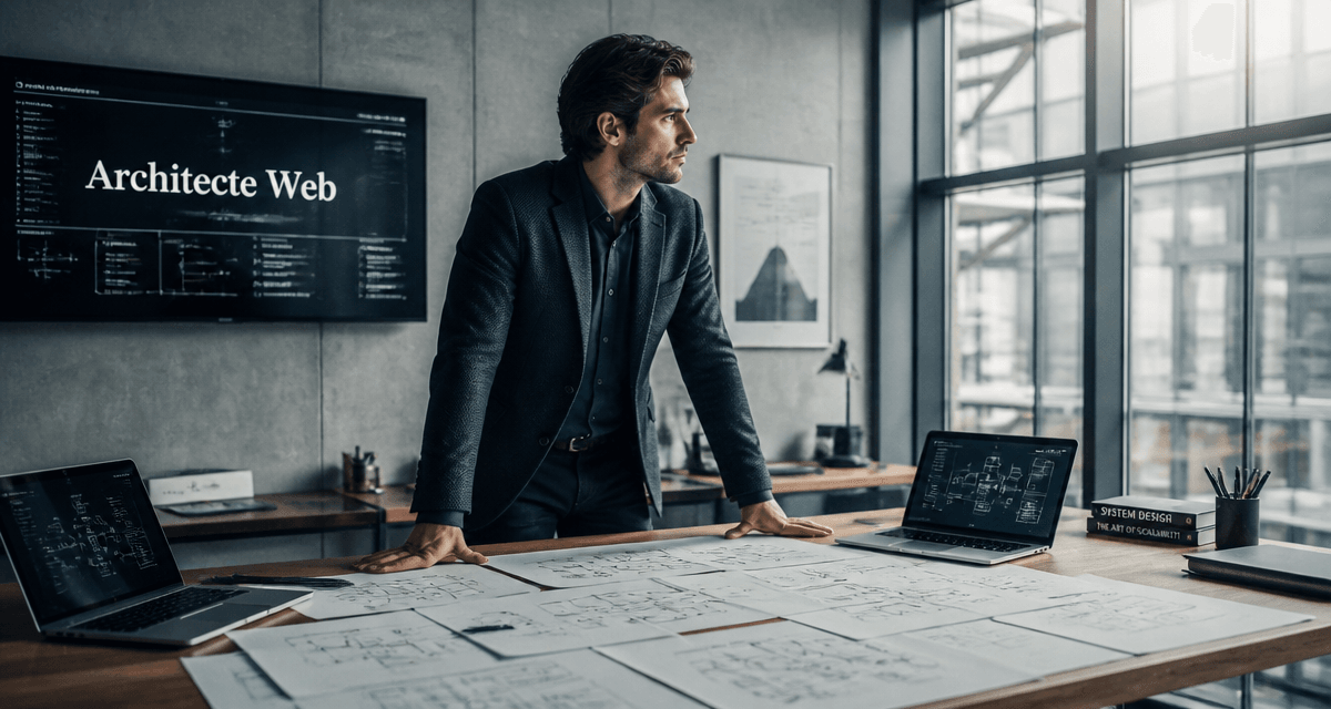 architecte web devant plans et laptops