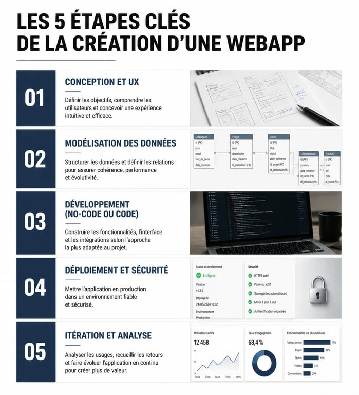 Infographie des étapes de création d'une webapp : de la conception au déploiement
