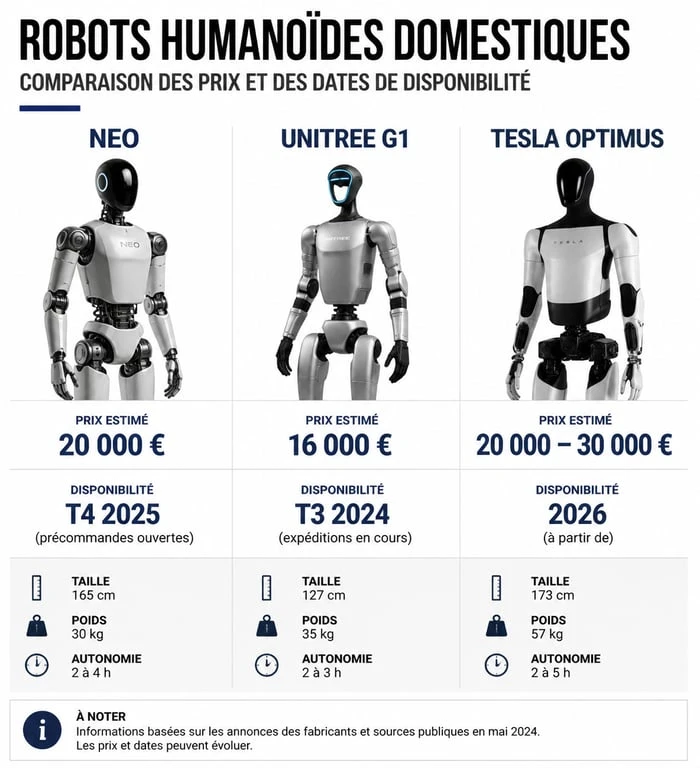 Comparatif des prix et disponibilité des robots humanoïdes domestiques