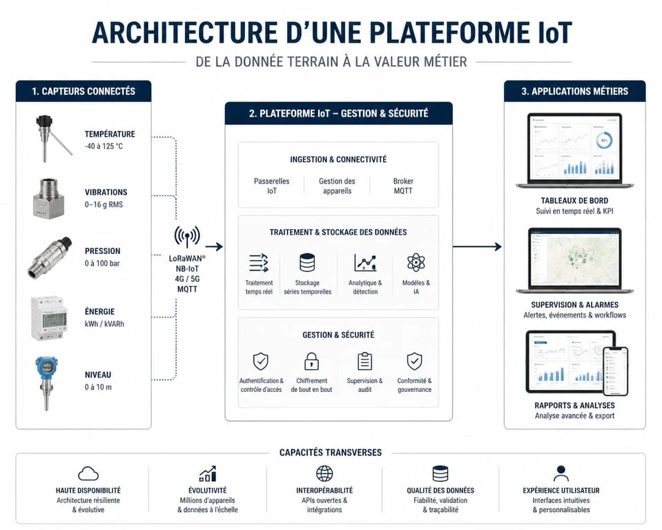 Schéma de l'architecture d'une plateforme IoT connectant les objets aux applications métiers