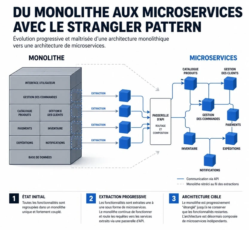 Schéma d'architecture montrant la transition du monolithe vers les microservices pour une agence développement micro services