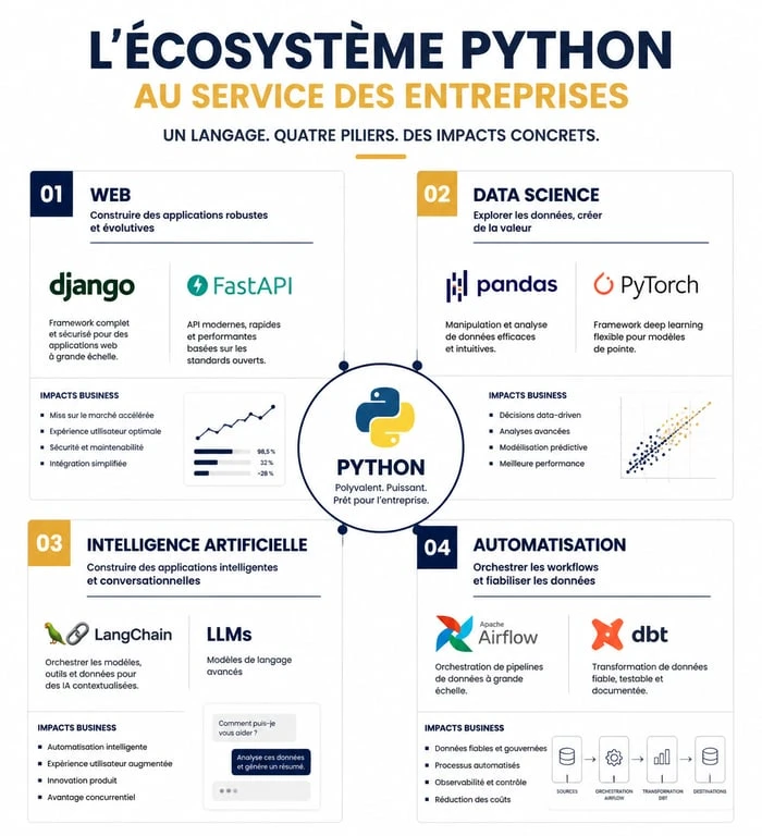 Infographie des expertises d'une agence de développement Python : web, data science, IA et automatisation.