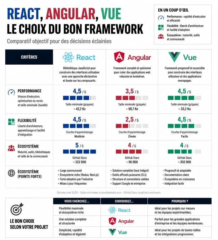 Comparatif technique des frameworks JavaScript React, Angular et Vue pour agence web