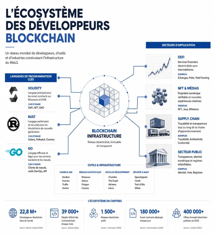 Infographie des compétences, langages et secteurs d'activité du développeur blockchain