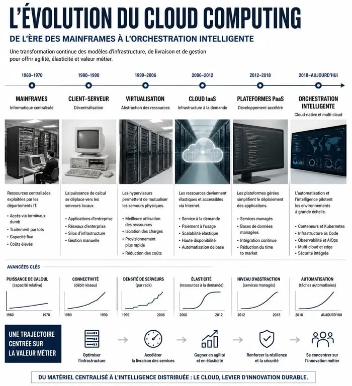 Chronologie des évolutions techniques du cloud computing : des mainframes aux infrastructures modernes