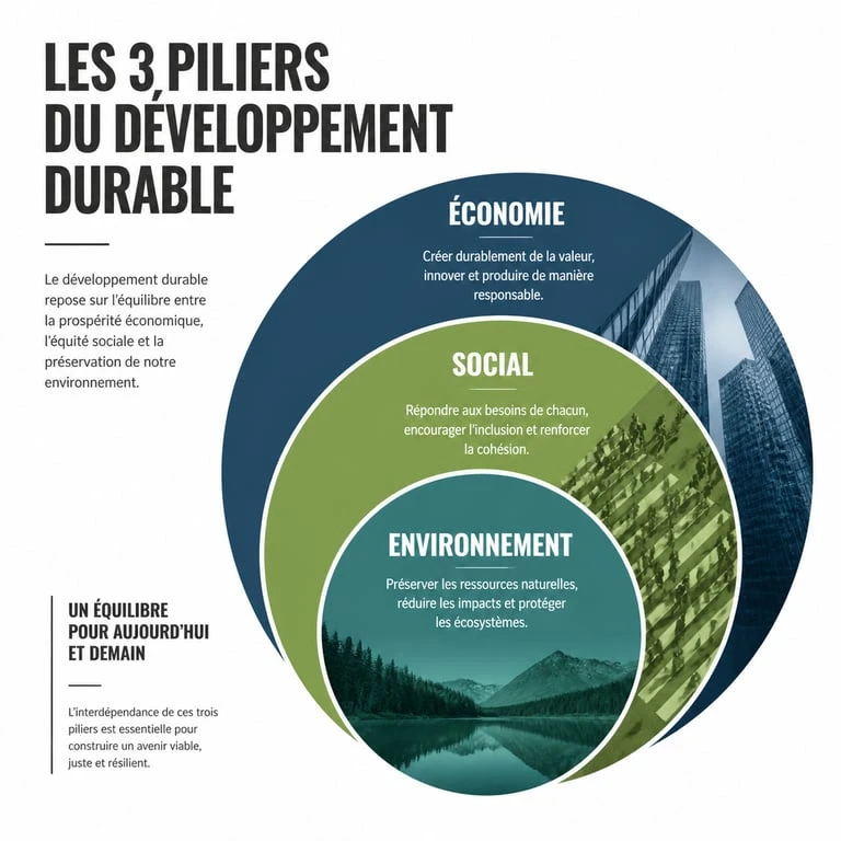 Infographie des trois piliers de l'entreprise du développement durable : économie, social et environnement.