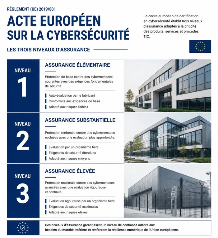 Schéma des trois niveaux d'assurance du Cybersecurity Act : élémentaire, substantiel et élevé