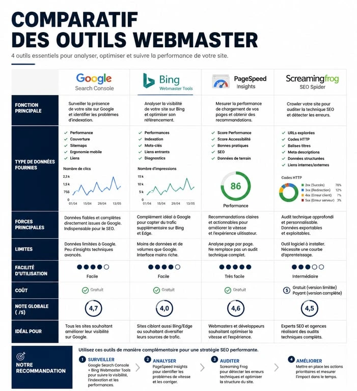 Comparatif des outils webmaster essentiels pour l'optimisation et le suivi de performance d'un site internet