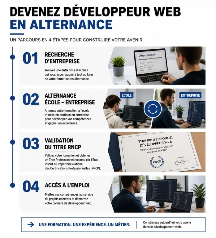 Infographie du parcours de formation développeur web en alternance