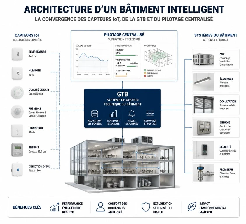 Architecture et fonctionnement d'un bâtiment intelligent avec IoT et GTB