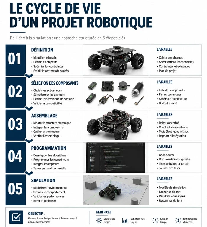 Infographie des étapes clés pour réussir un projet robotique
