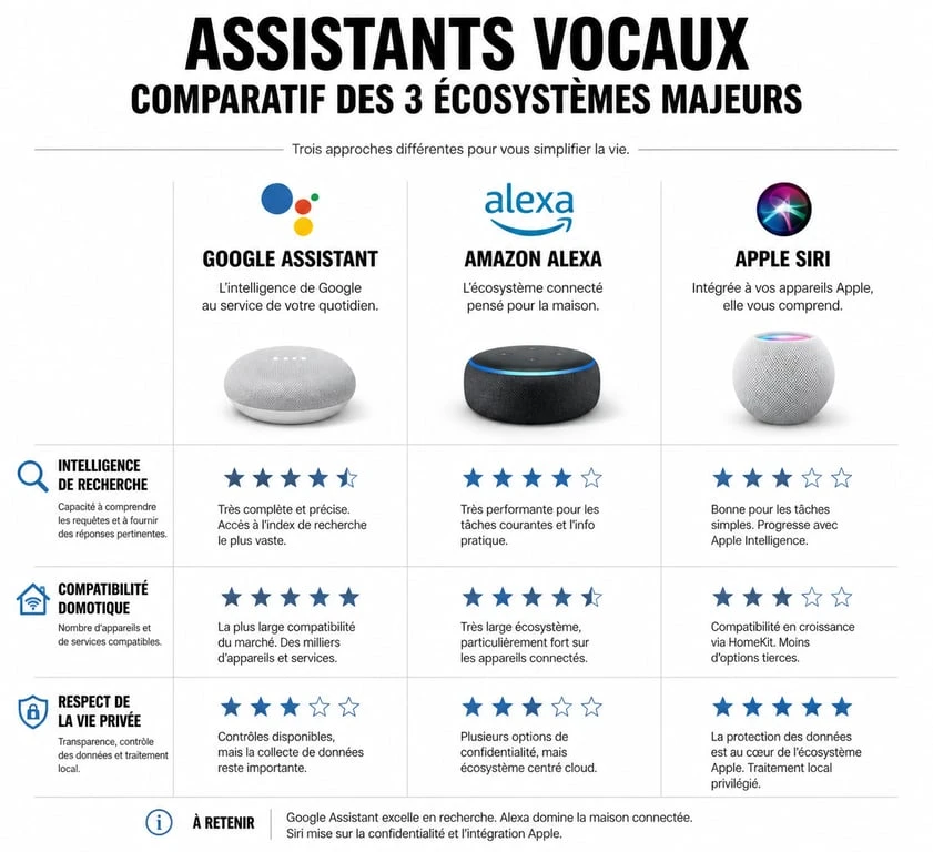 Infographie comparative des assistants vocaux Google Assistant, Amazon Alexa et Apple Siri pour choisir le meilleur assistant vocal.