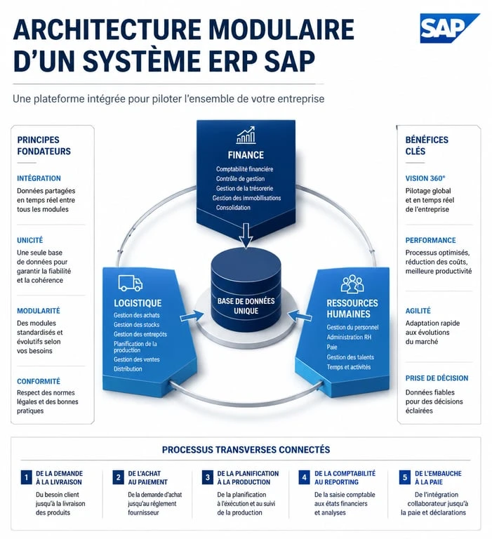 Schéma de l'architecture modulaire des modules SAP et interconnexion des fonctions ERP