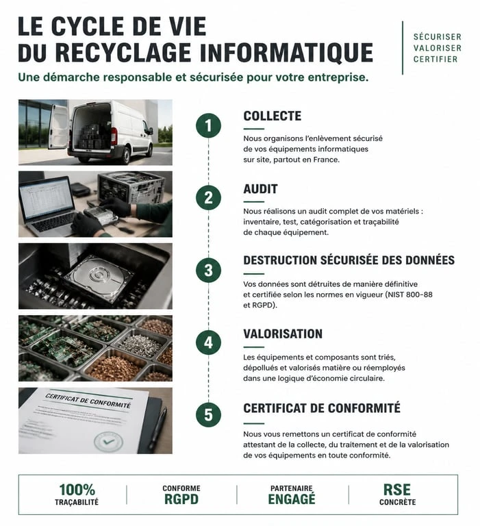Schéma du processus de recyclage matériel informatique professionnel et conformité RSE