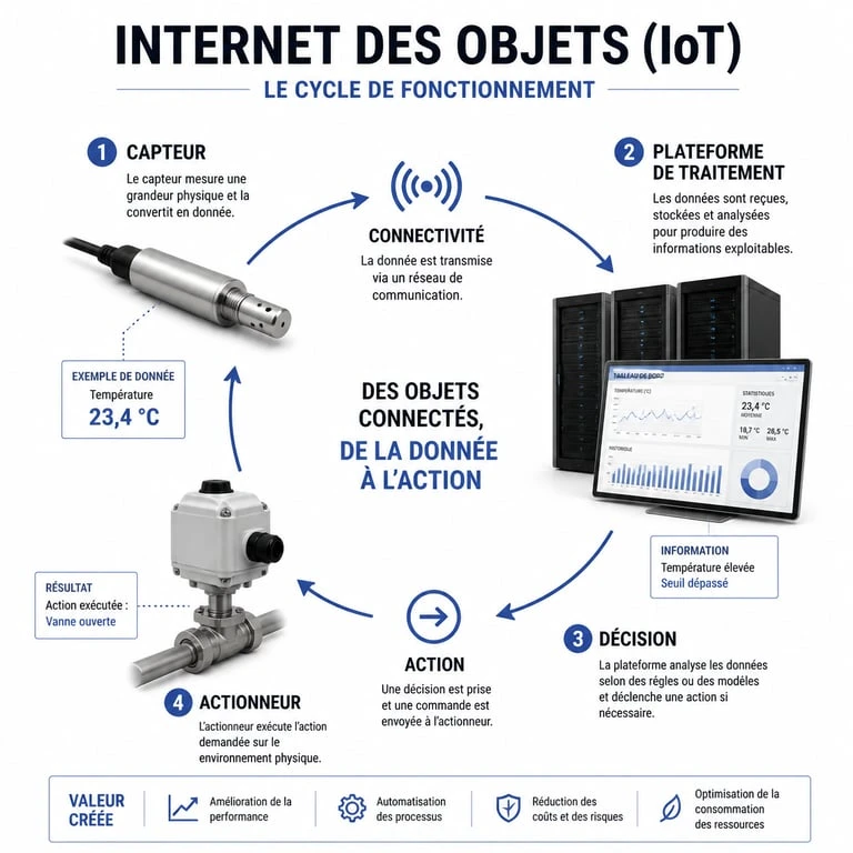 Schéma explicatif du fonctionnement de l'Internet des Objets (IoT) : capter, transmettre, analyser, agir