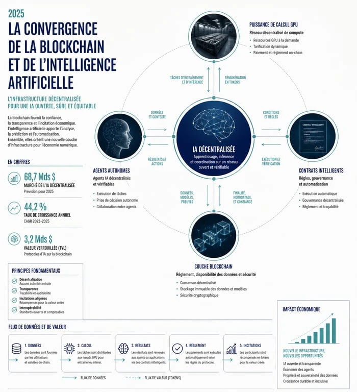 Infographie sur la convergence entre la blockchain et l'intelligence artificielle en 2025 pour le marché des crypto IA