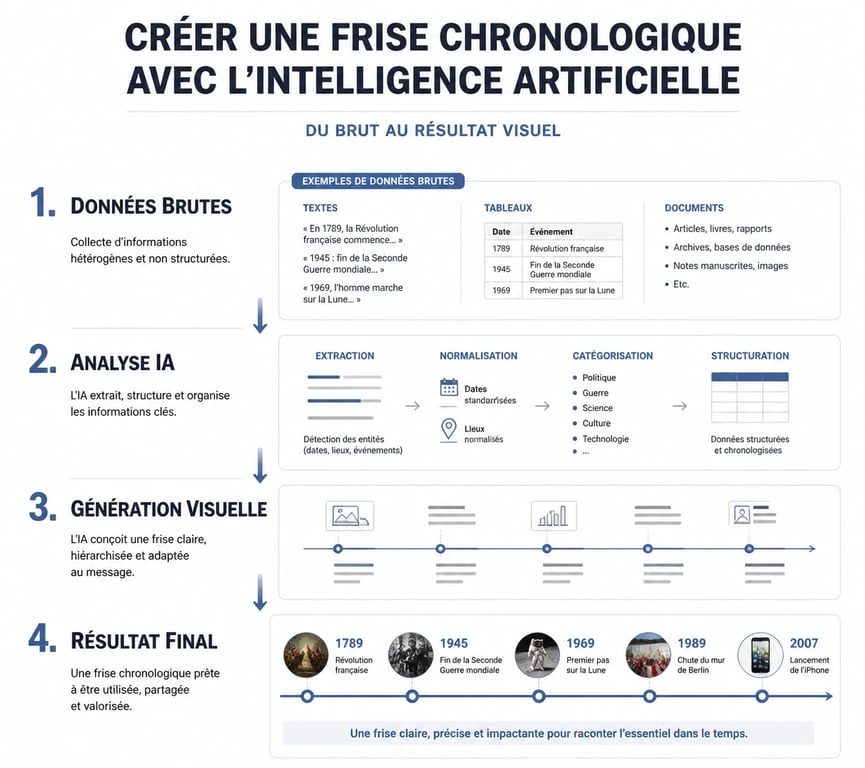 Infographie du processus de création d'une frise chronologique IA