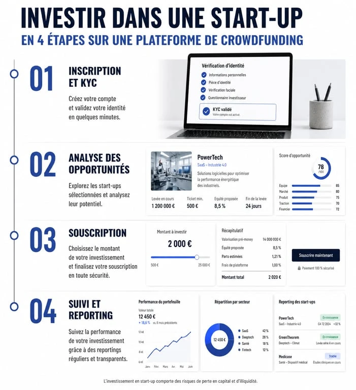 Infographie des étapes pour investir dans une start-up avec Anaxago