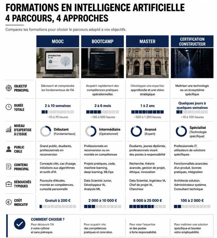Infographie des différents parcours de formation en intelligence artificielle pour choisir sa formation sur choisir-formation.com