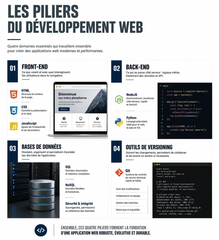 Infographie des technologies clés pour une formation à distance développeur web