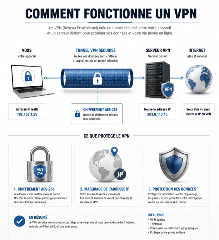 Schéma explicatif du fonctionnement d'un VPN pour sécuriser sa connexion et protéger ses données