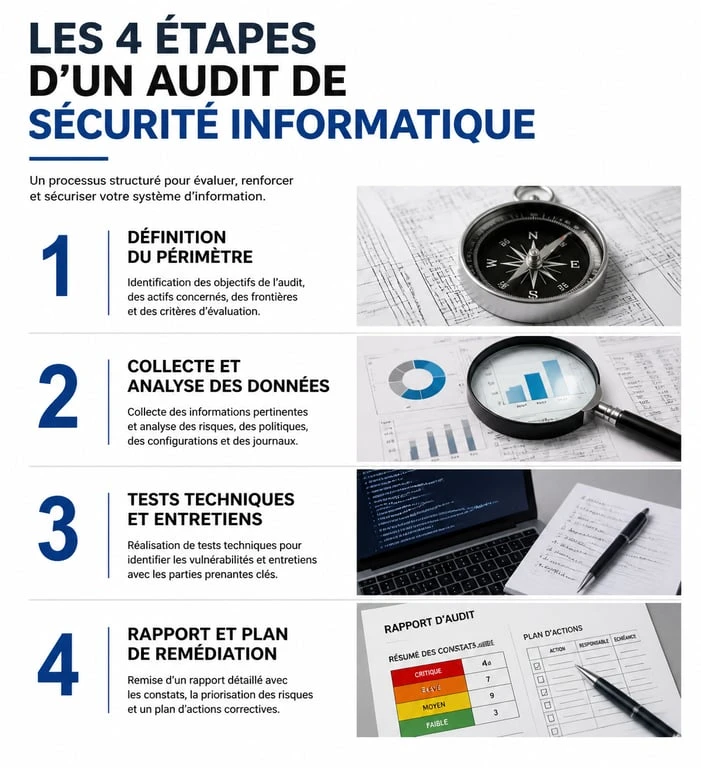 Infographie des étapes clés pour réaliser un audit de sécurité informatique efficace