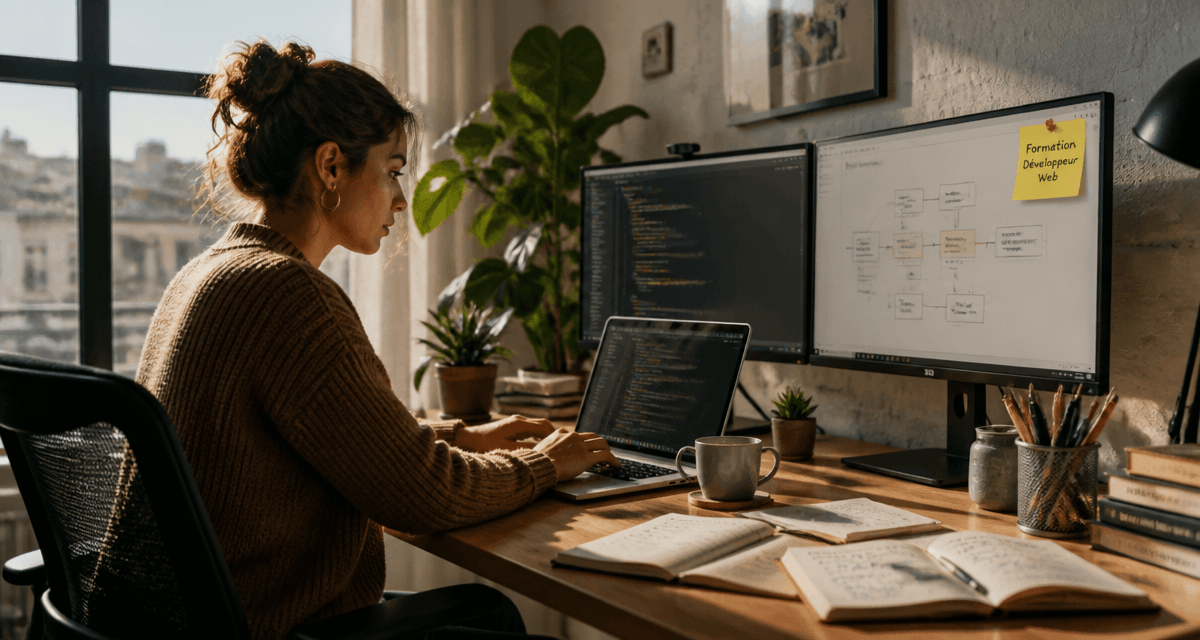 Formation à distance développeur web, femme sur ordinateur