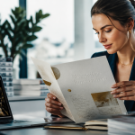 newsletter innovation femme lisant dans bureau moderne