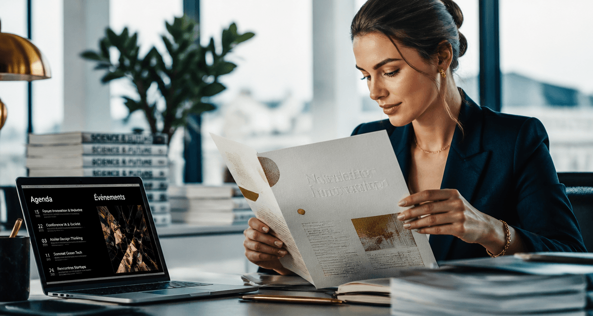 newsletter innovation femme lisant dans bureau moderne