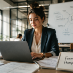Prompt engineer formation, femme professionnelle avec carnet de prompts en open space