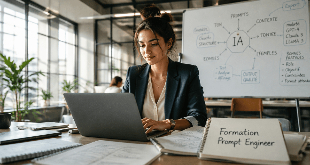 Prompt engineer formation, femme professionnelle avec carnet de prompts en open space