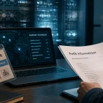 Audit en informatique : main gantée et badge d’accès sur un dossier technique