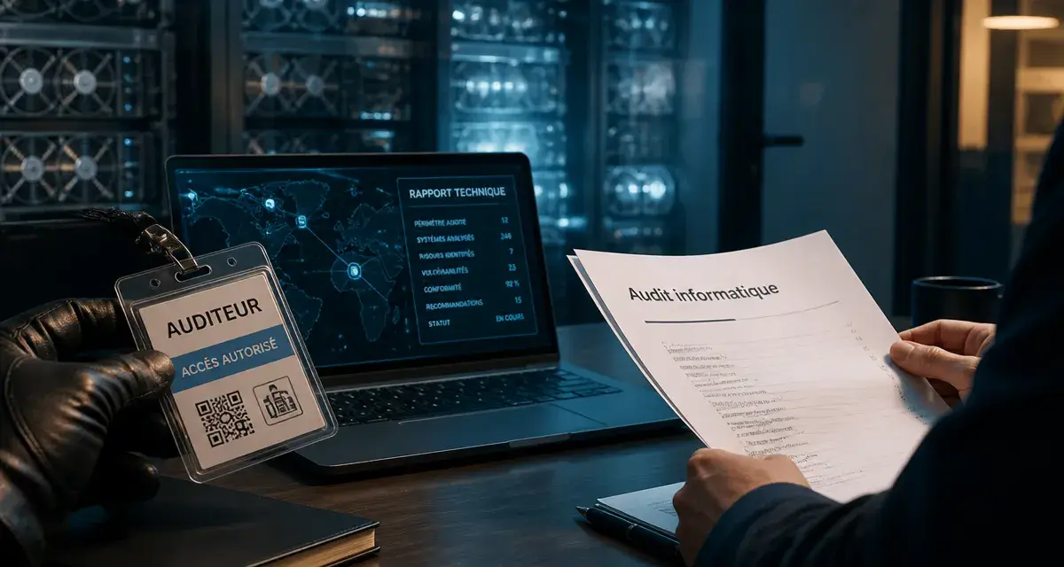 Audit en informatique : main gantée et badge d’accès sur un dossier technique