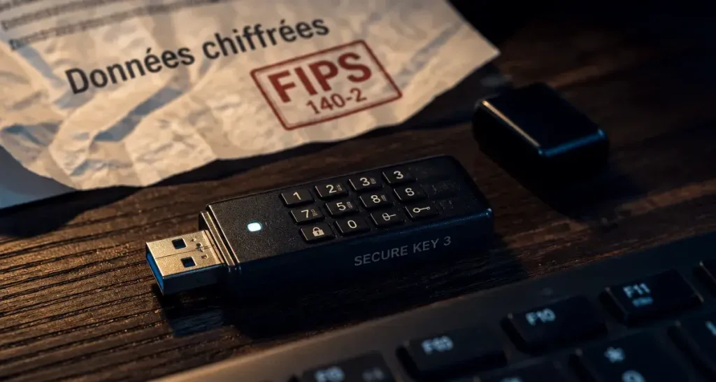 cle usb securise sur bureau sombre, boîtier aluminium et chiffrement