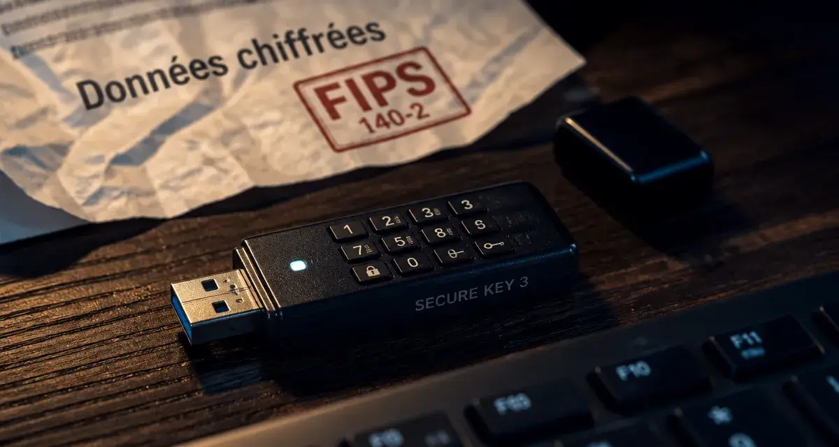 cle usb securise sur bureau sombre, boîtier aluminium et chiffrement