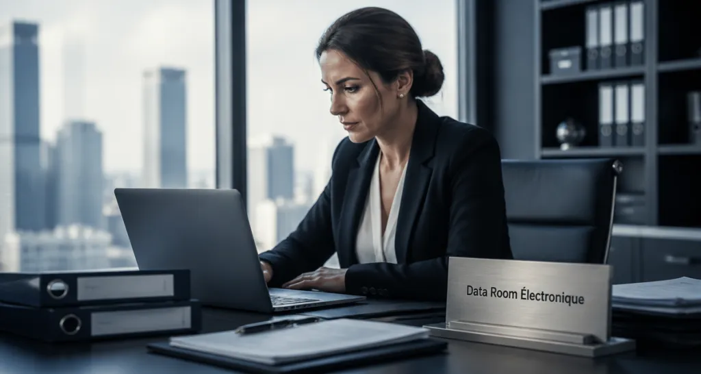 Femme utilisant une data room électronique
