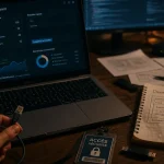 Devenir webmaster : tableau CMS, trafic et câble Ethernet sur bureau
