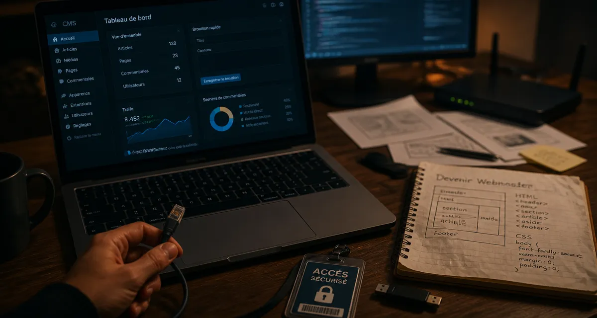 Devenir webmaster : tableau CMS, trafic et câble Ethernet sur bureau