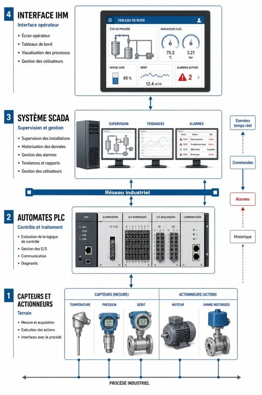 Schéma de l'architecture d'un système d'automatisation industrielle avec PLC, SCADA et IHM