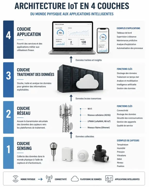 Schéma de l'architecture IoT en 4 couches : perception, réseau, traitement et application