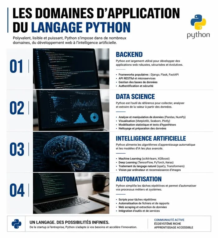Infographie sur les domaines d'application et les opportunités pour les développeurs Python