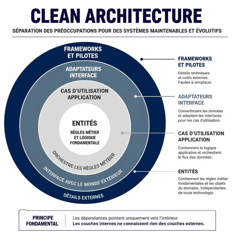 Schéma conceptuel des couches de la Clean Architecture pour le développement logiciel