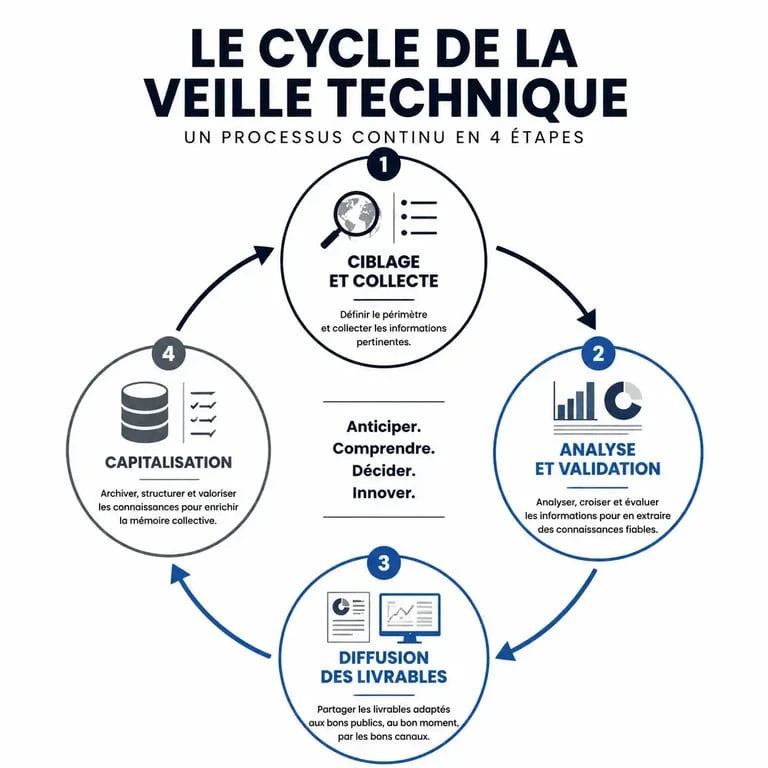 Schéma du cycle de la veille technique : du ciblage à la capitalisation pour une stratégie d'entreprise efficace.