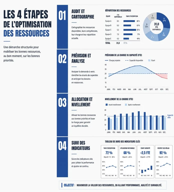 Infographie des 4 étapes clés pour une optimisation des ressources efficace en entreprise