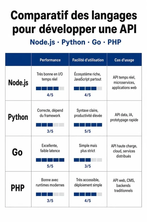 Tableau comparatif des langages pour le développement d'API : Node.js, Python, Go, PHP