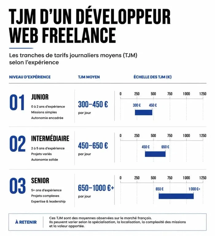 Infographie des TJM moyens pour un développeur web freelance selon l'expérience