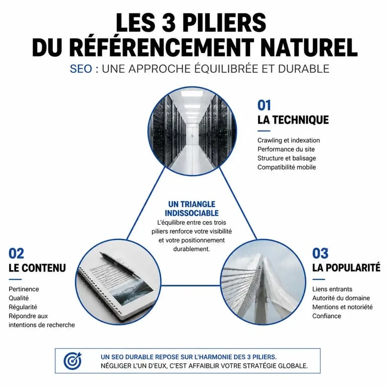 Les trois piliers du référencement naturel SEO : technique, contenu et popularité