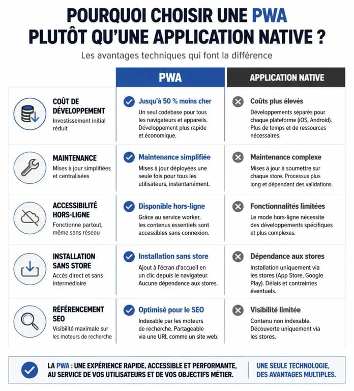 Comparatif des avantages d'une agence de développement Progressive Web Application sur mesure par rapport aux applications natives